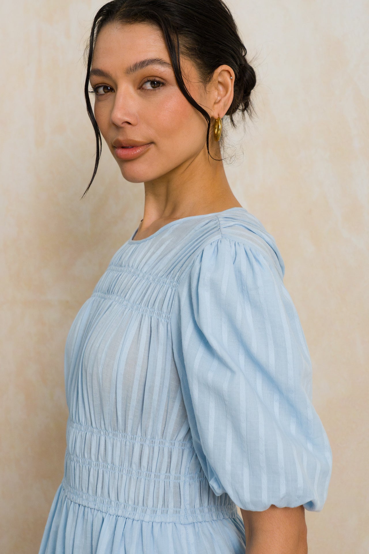 Shirred Puff Sleeve Midi Dress