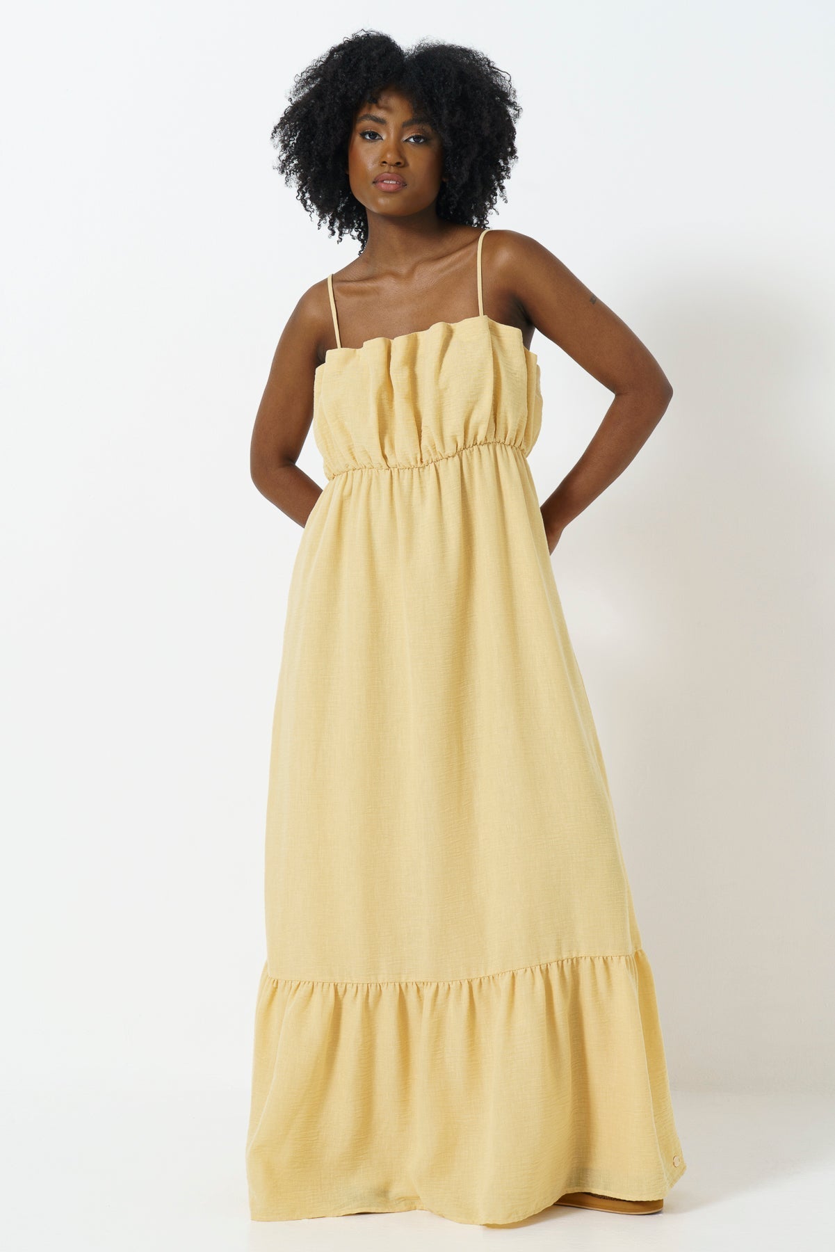 yellow dresses for sale Ruffle Neckline Dress from REFINERY – Refinery