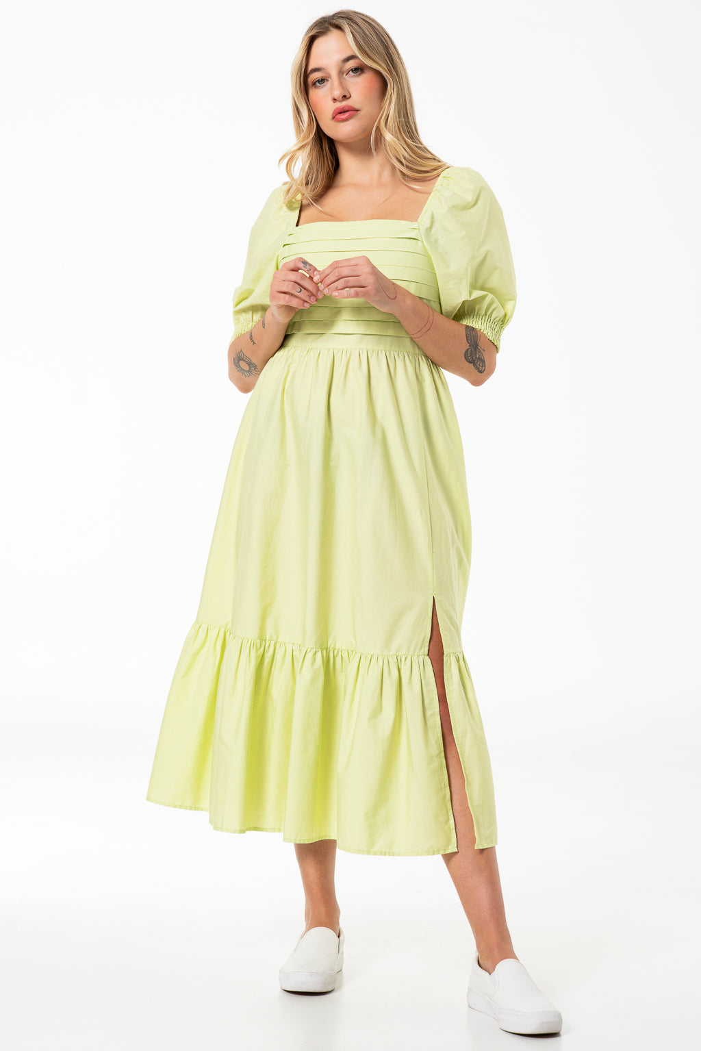 Puff Sleeve Poplin Dress _ 141417 _ Green