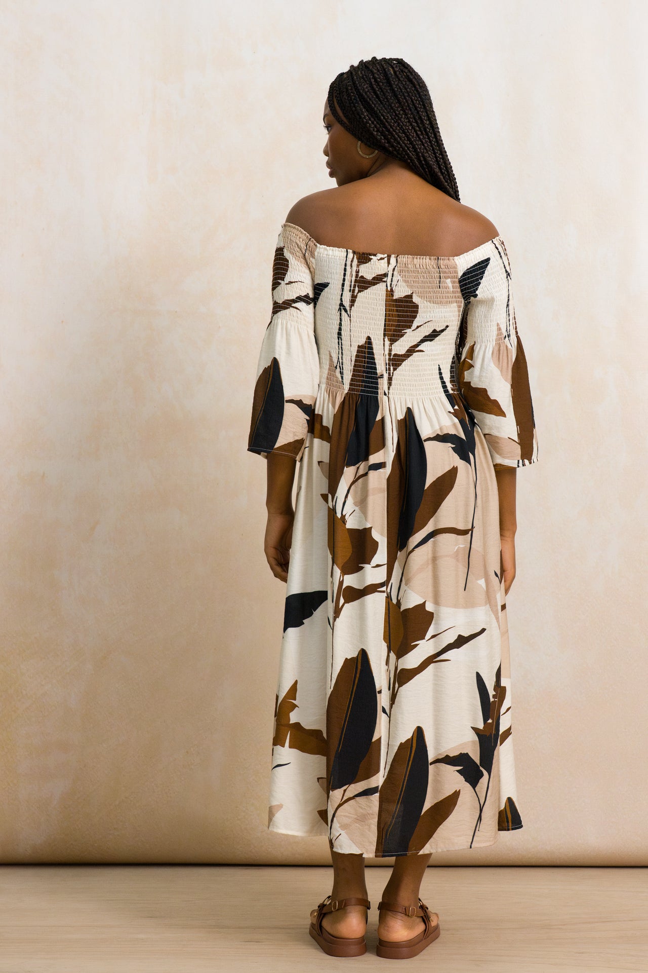 Off-The-Shoulder Shirred Midi Dress