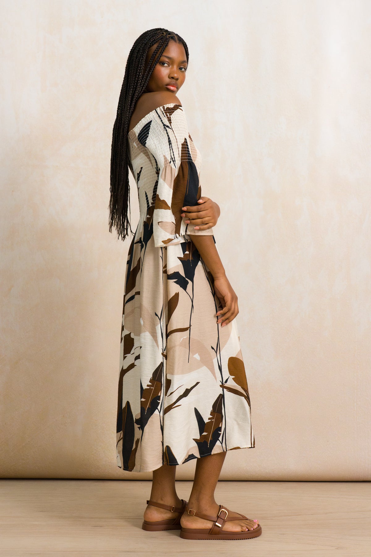 Off-The-Shoulder Shirred Midi Dress