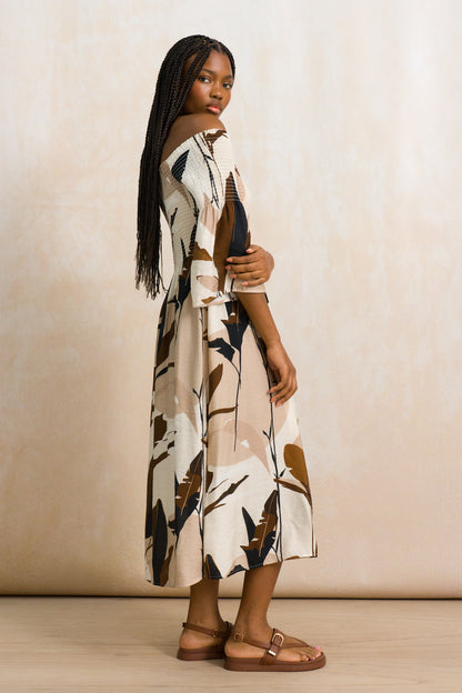 Off-The-Shoulder Shirred Midi Dress