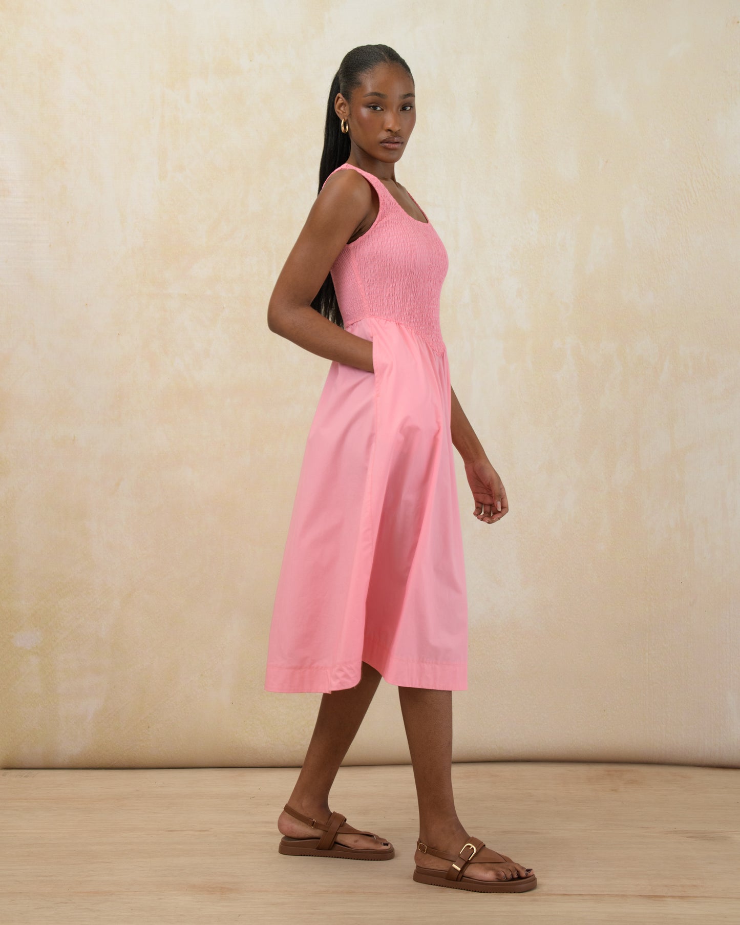 Shirred Bodice Midi Dress