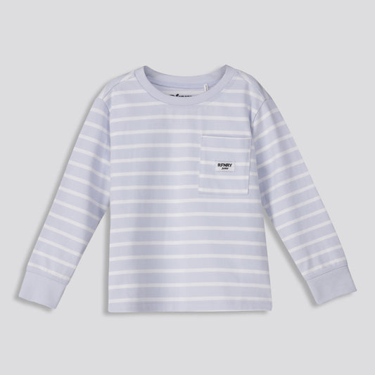 Front View: Light blue and white striped long sleeve with crew neck.