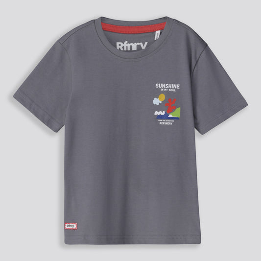 Front View: Charcoal t-shirt with bold statement print across the chest.
