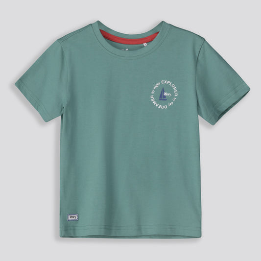 Front View: Forest green tee with bold graphic print on chest.