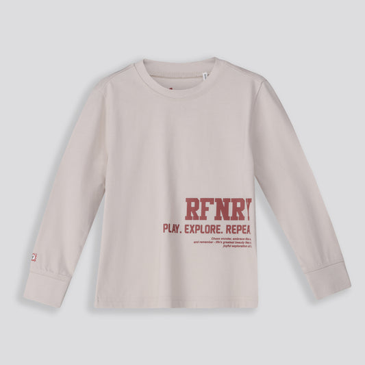 Front View: Cement grey long sleeve tee with bold front graphic.