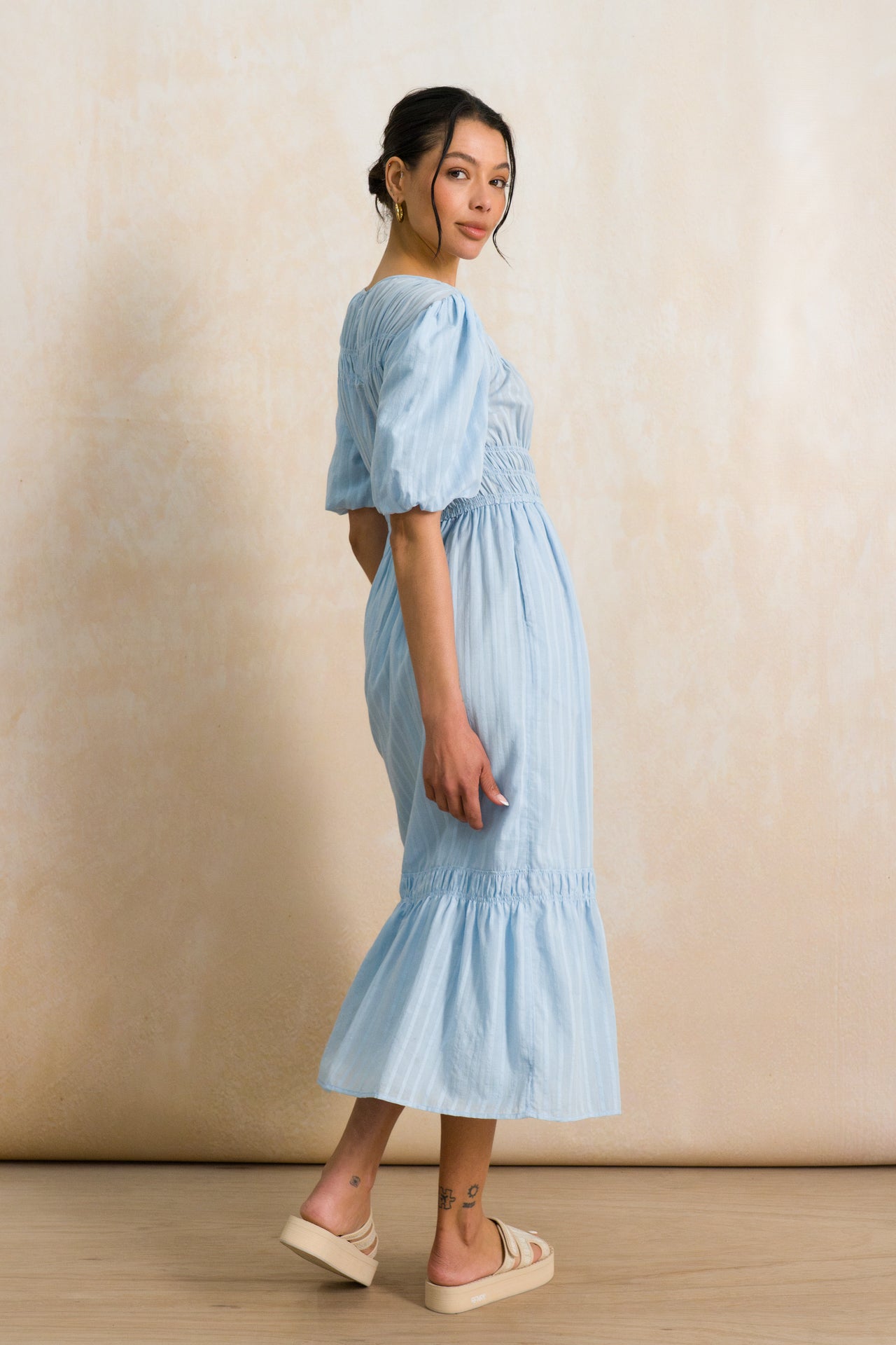 Shirred Puff Sleeve Midi Dress