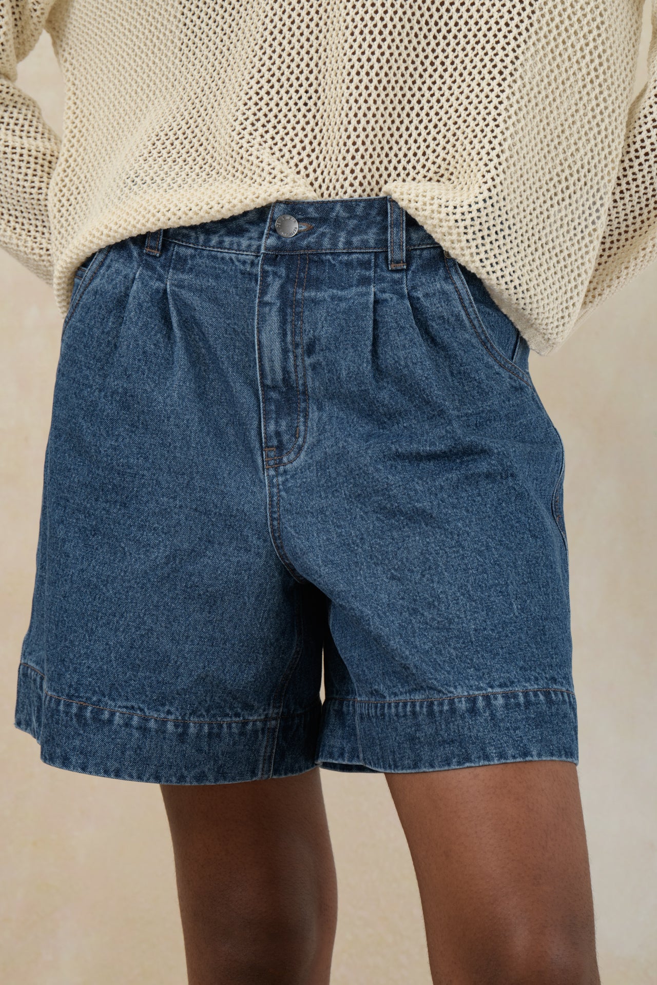 Pleated Denim Shorts
