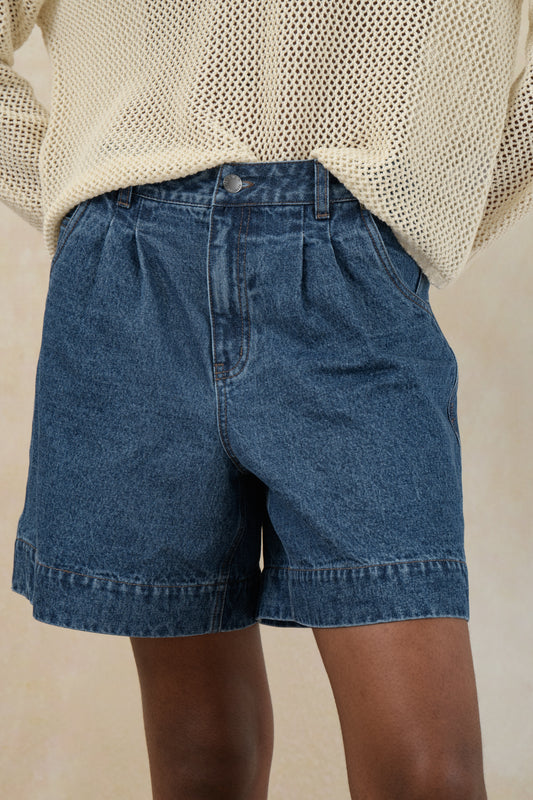 Pleated Denim Shorts