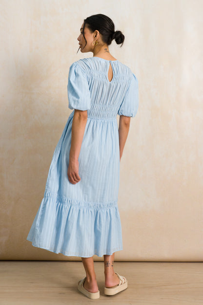 Shirred Puff Sleeve Midi Dress