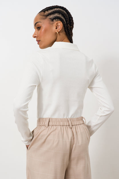 Long Sleeve Rib Split Collar Top