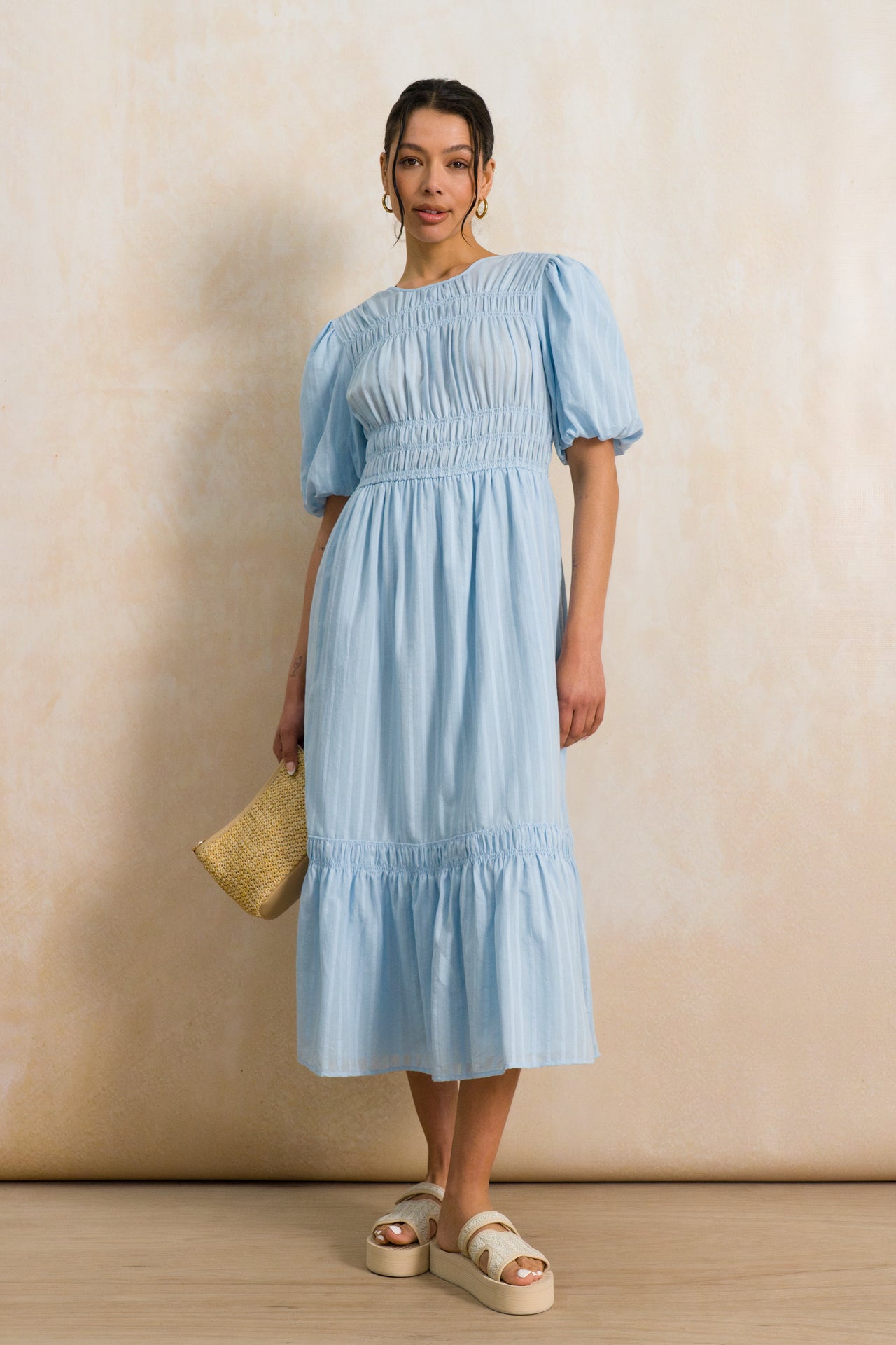 Shirred Puff Sleeve Midi Dress