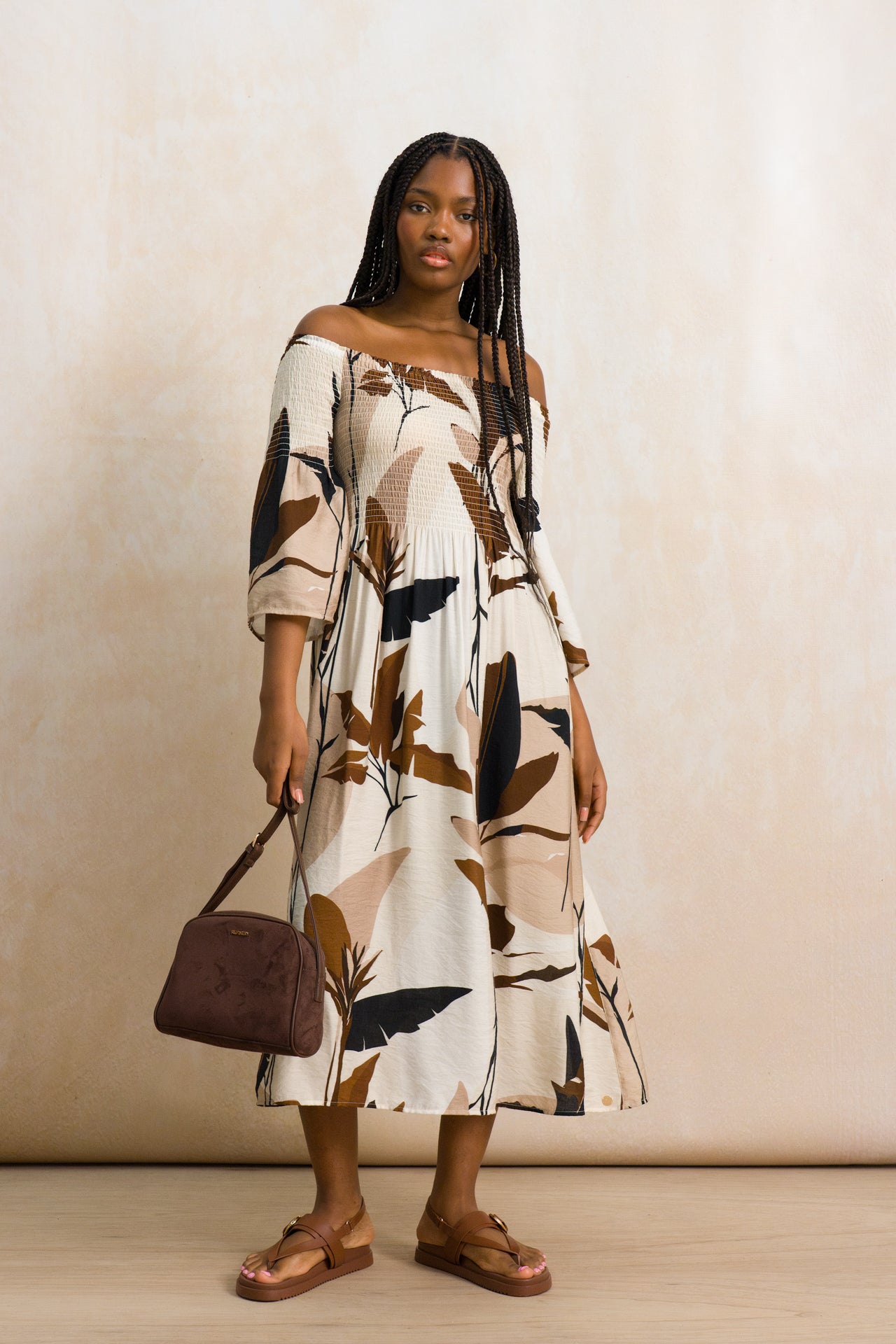 Off-The-Shoulder Shirred Midi Dress