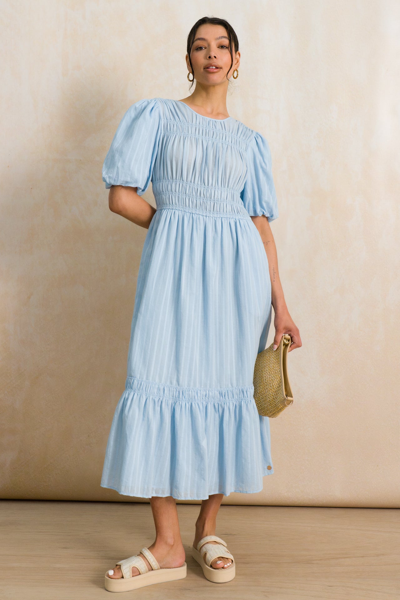 Shirred Puff Sleeve Midi Dress