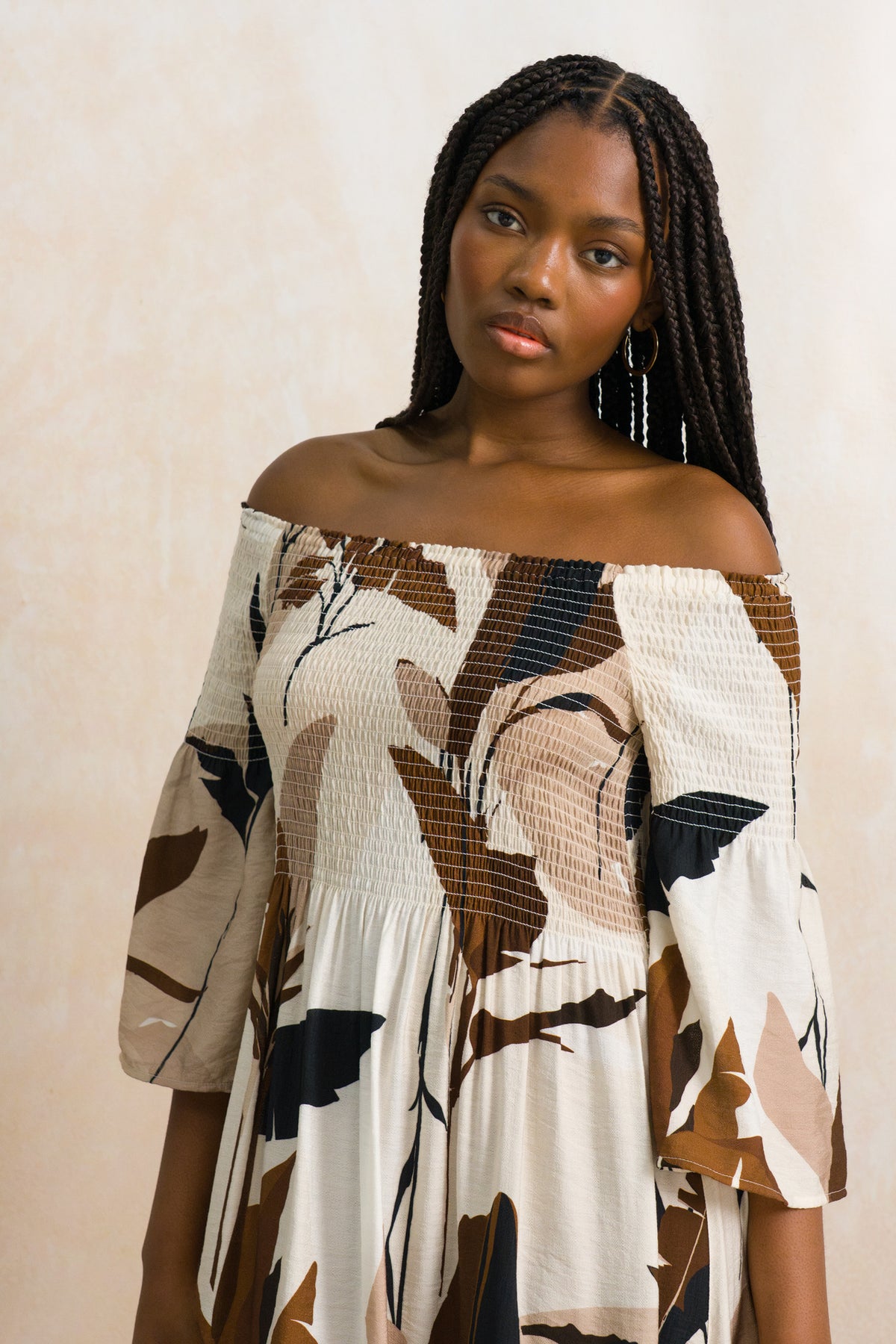 Off-The-Shoulder Shirred Midi Dress