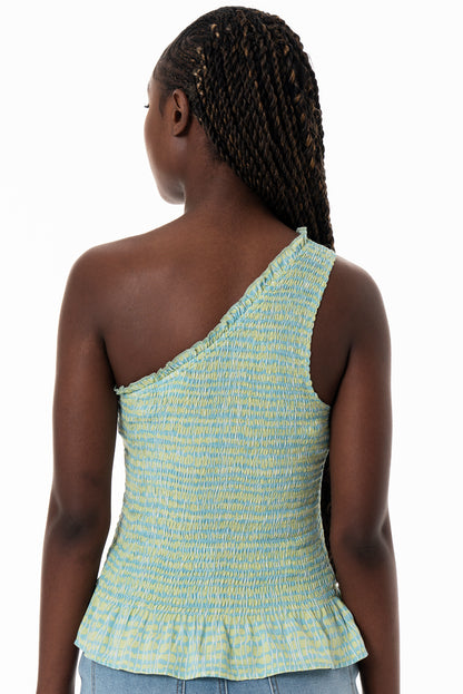 Shirred One Shoulder Top _ 153823 _ Aqua