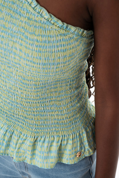 Shirred One Shoulder Top _ 153823 _ Aqua