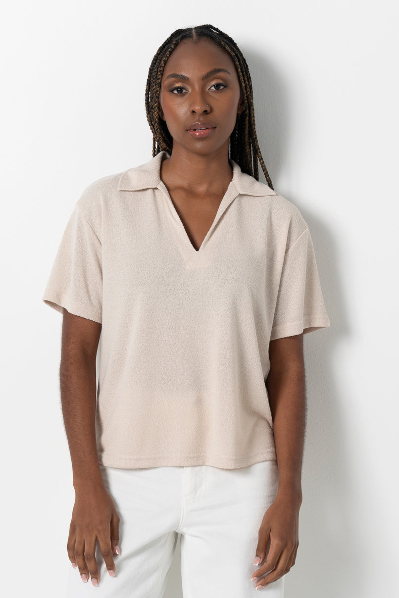 Split Collar Top _ 161609 _ Stone