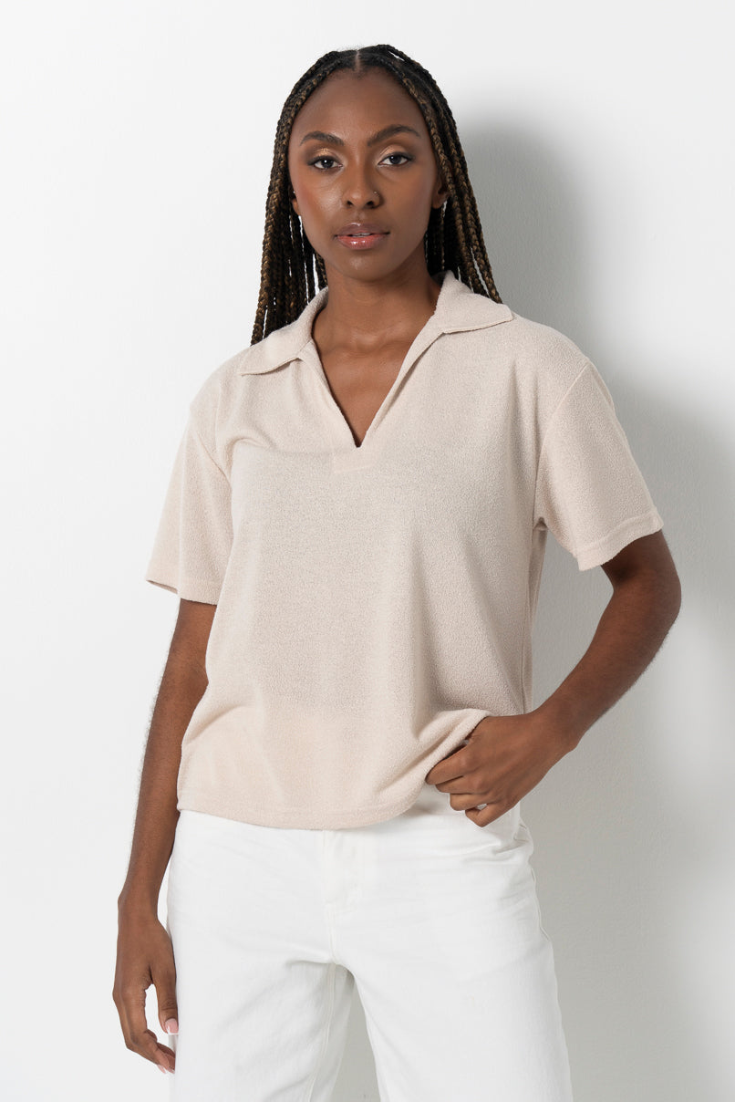 Split Collar Top _ 161609 _ Stone