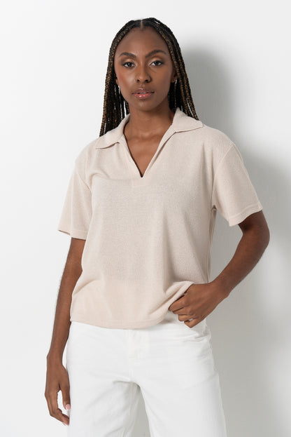 Split Collar Top _ 161609 _ Stone