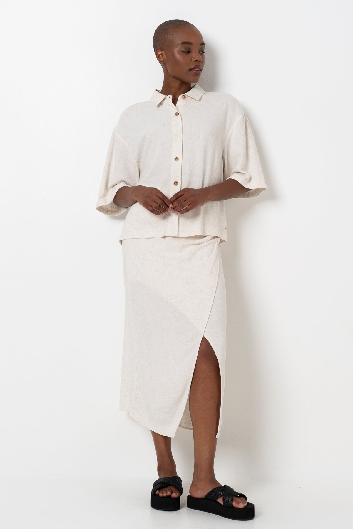 Mock Wrap Skirt _ 165799 _ Oatmeal