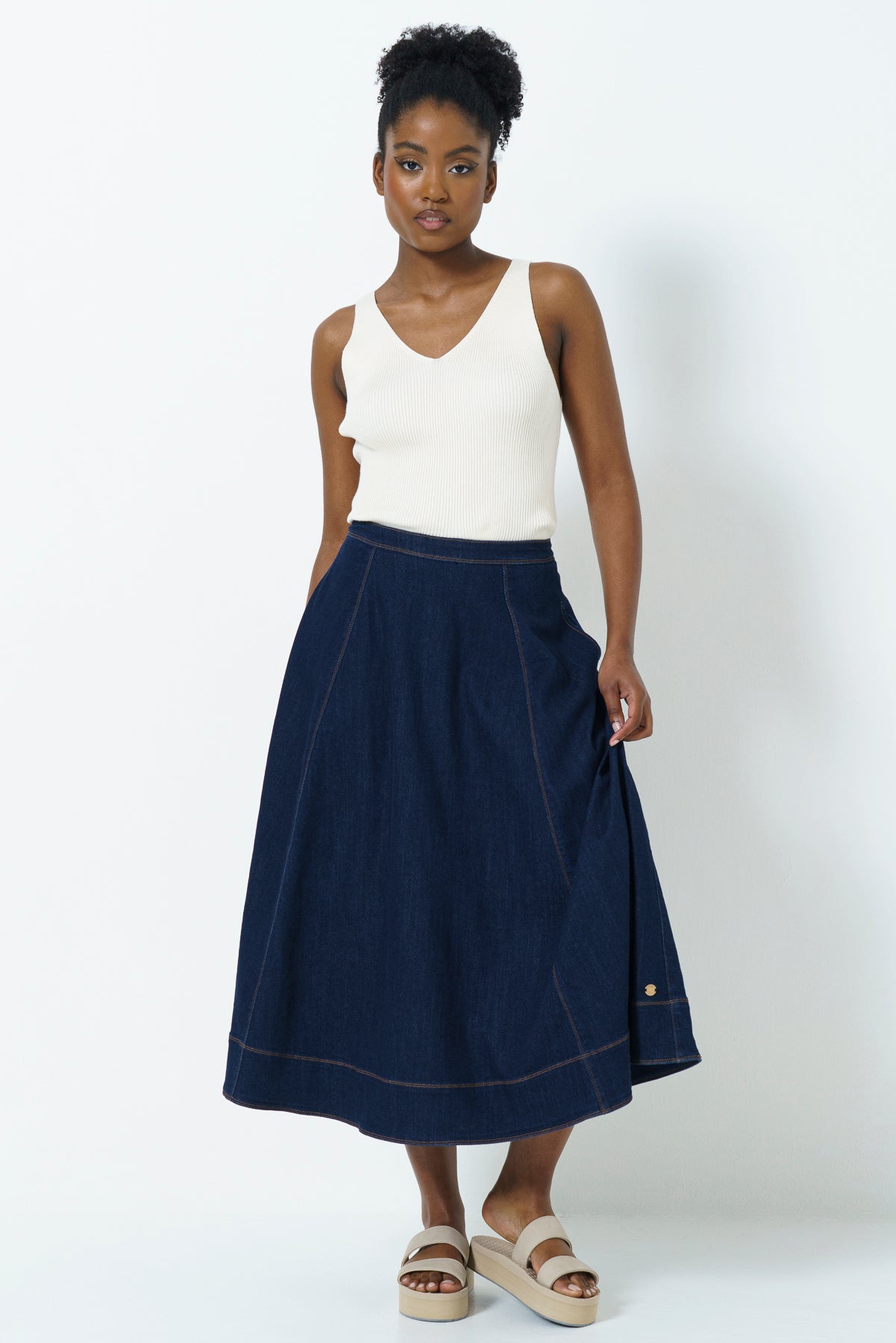 Denim A-Line Skirt _ 165798 _ Dark Wash
