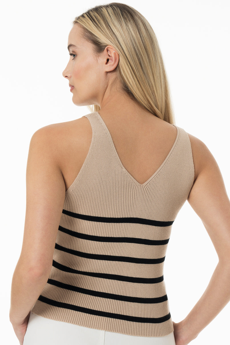 Beige &amp; black striped true knit V-neck tank top