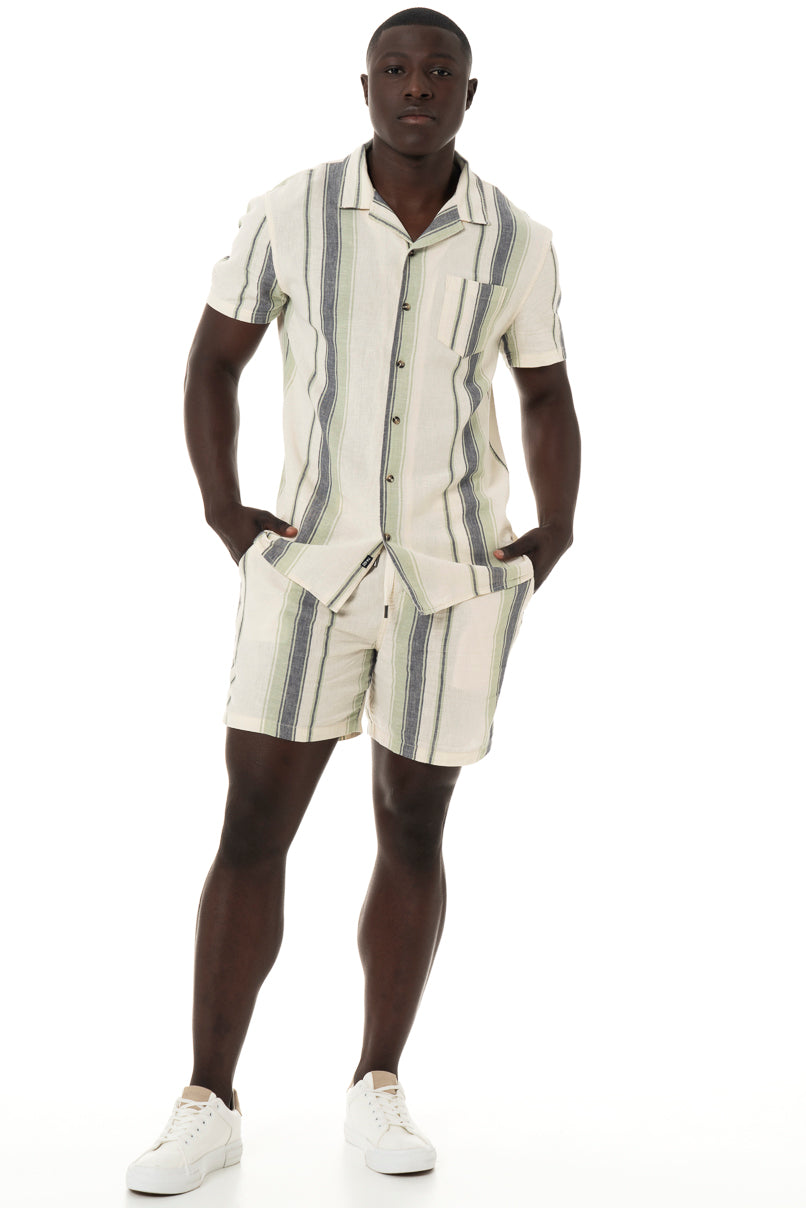 Off white and blue stripe linen-look short sleeve shirt.    Slim fit Glad-neck collar Standard length Patch pocket 55% Linen 45% Viscose