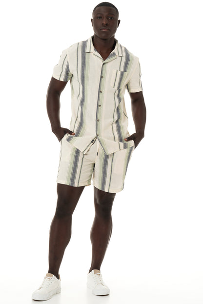 Off white and blue stripe linen-look short sleeve shirt.    Slim fit Glad-neck collar Standard length Patch pocket 55% Linen 45% Viscose