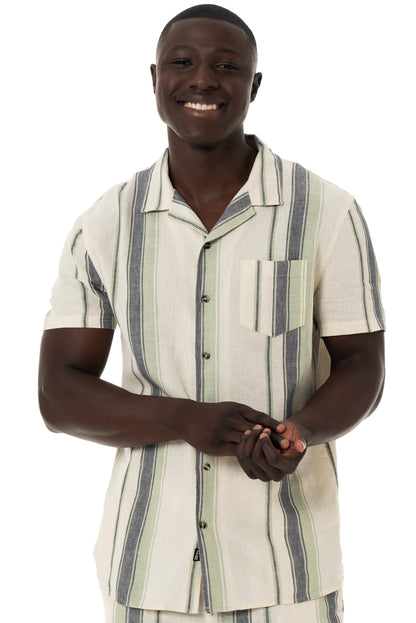 Off white and blue stripe linen-look short sleeve shirt.    Slim fit Glad-neck collar Standard length Patch pocket 55% Linen 45% Viscose