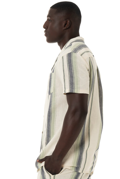 Off white and blue stripe linen-look short sleeve shirt.    Slim fit Glad-neck collar Standard length Patch pocket 55% Linen 45% Viscose