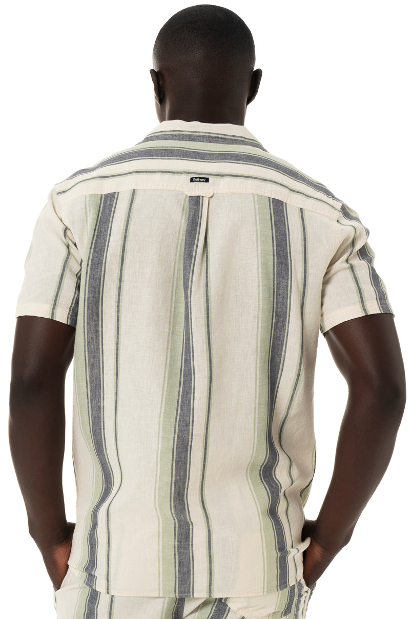 Off white and blue stripe linen-look short sleeve shirt.    Slim fit Glad-neck collar Standard length Patch pocket 55% Linen 45% Viscose