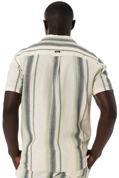 Off white and blue stripe linen-look short sleeve shirt.    Slim fit Glad-neck collar Standard length Patch pocket 55% Linen 45% Viscose