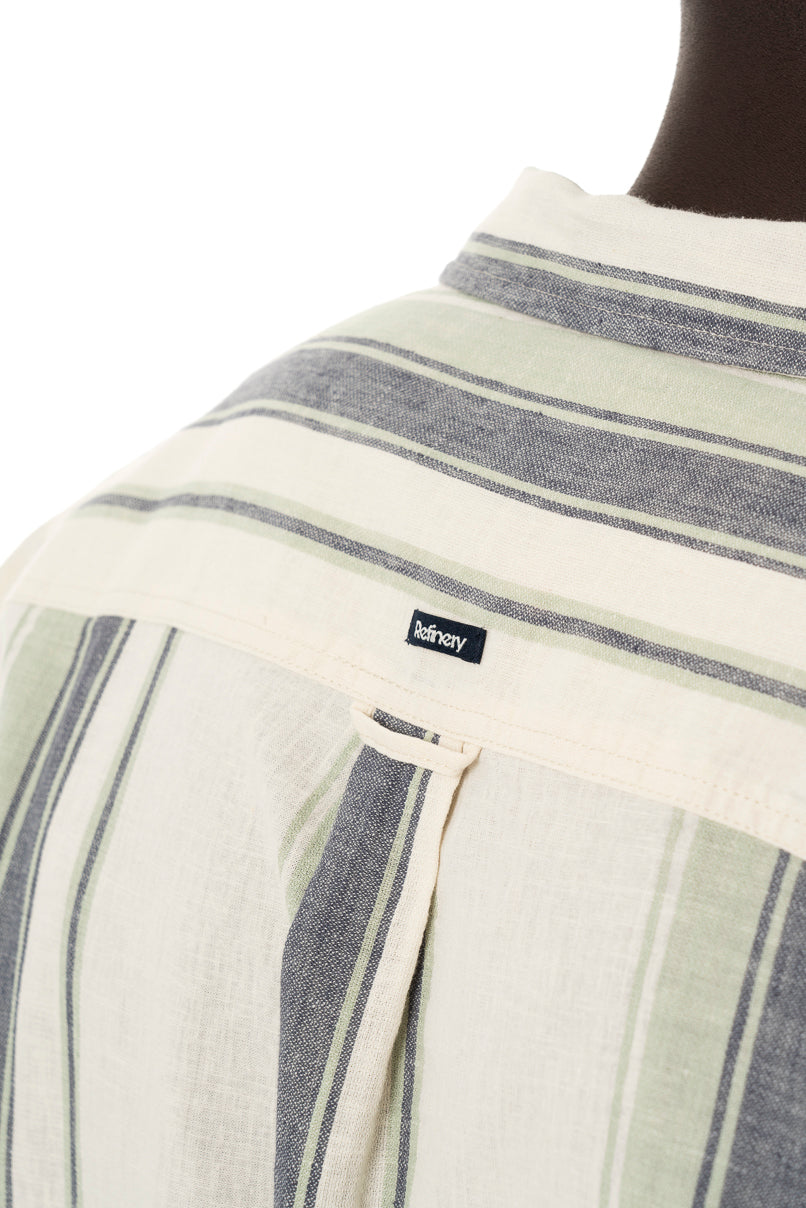 Off white and blue stripe linen-look short sleeve shirt.    Slim fit Glad-neck collar Standard length Patch pocket 55% Linen 45% Viscose