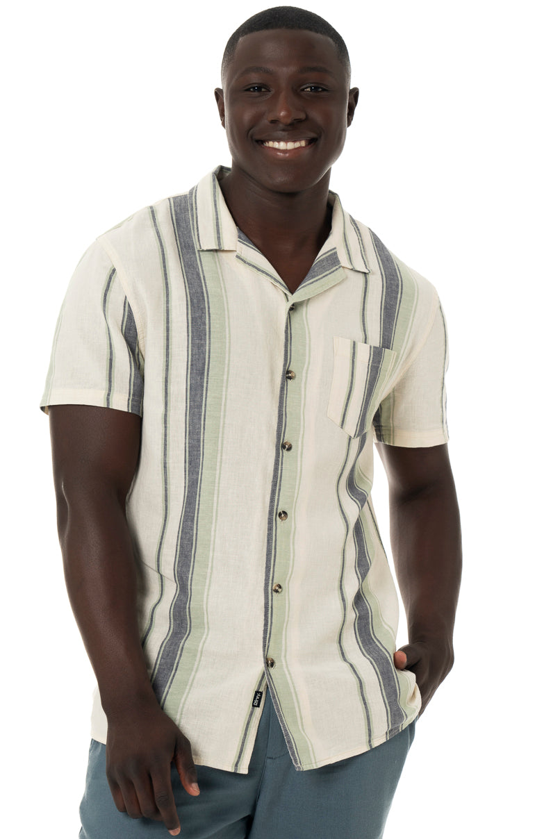 Off white and blue stripe linen-look short sleeve shirt.    Slim fit Glad-neck collar Standard length Patch pocket 55% Linen 45% Viscose