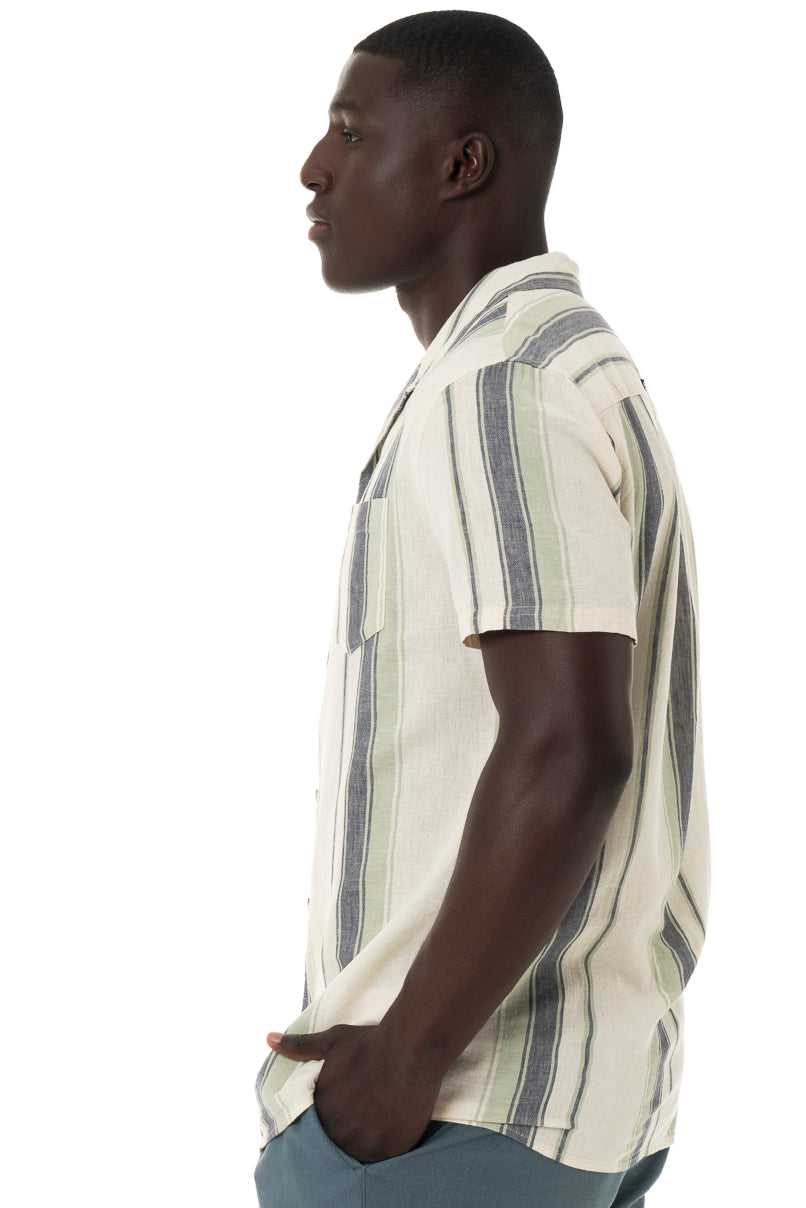 Off white and blue stripe linen-look short sleeve shirt.    Slim fit Glad-neck collar Standard length Patch pocket 55% Linen 45% Viscose