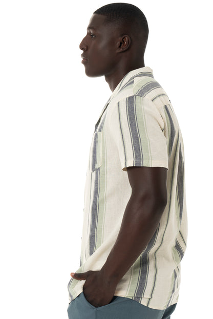 Off white and blue stripe linen-look short sleeve shirt.    Slim fit Glad-neck collar Standard length Patch pocket 55% Linen 45% Viscose