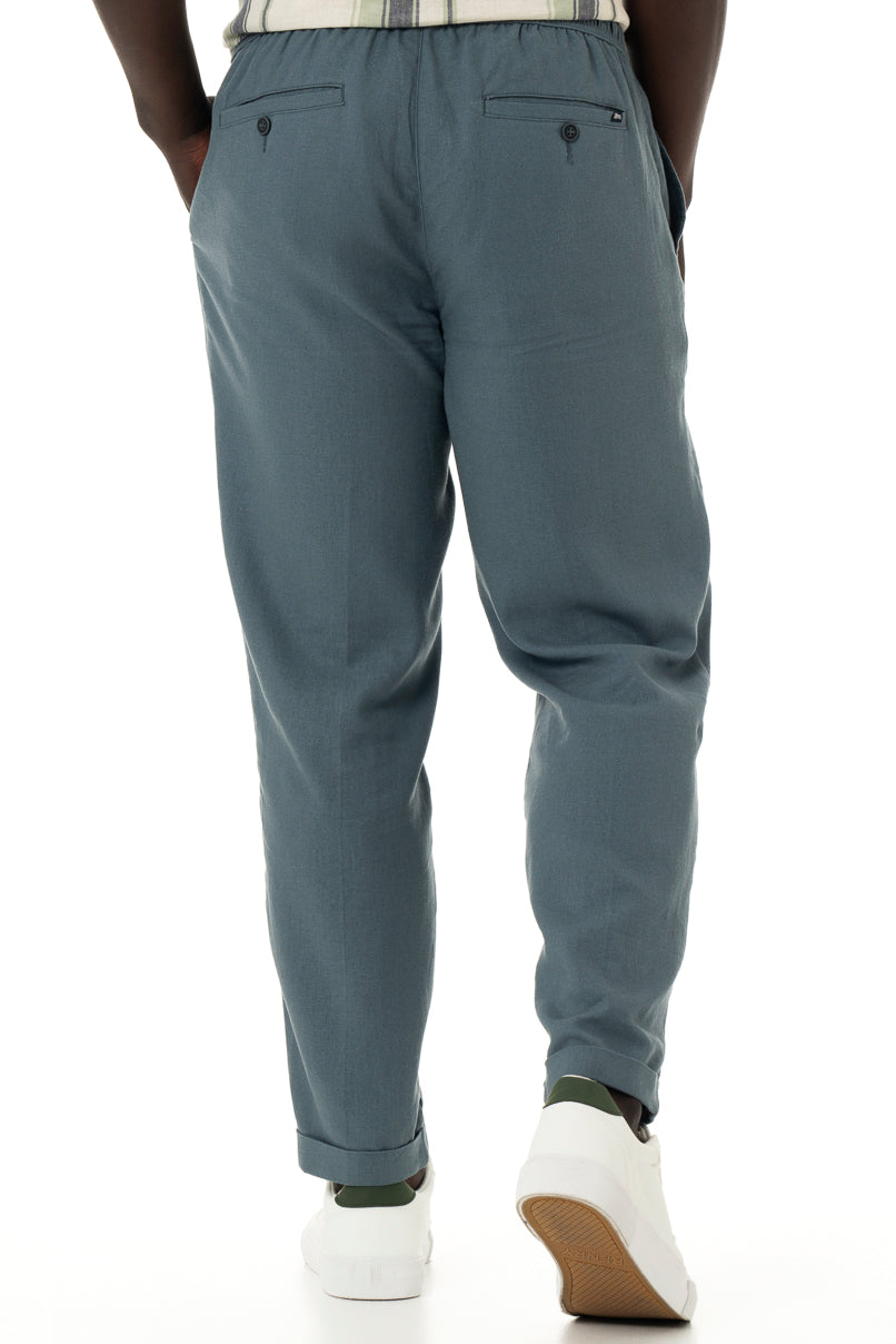 Charcoal linen-look pants with an elasticated waist, which makes them easy to wear.    Drawcord Side pocket detail Back patch pockets 55% Linen; 45% Viscose