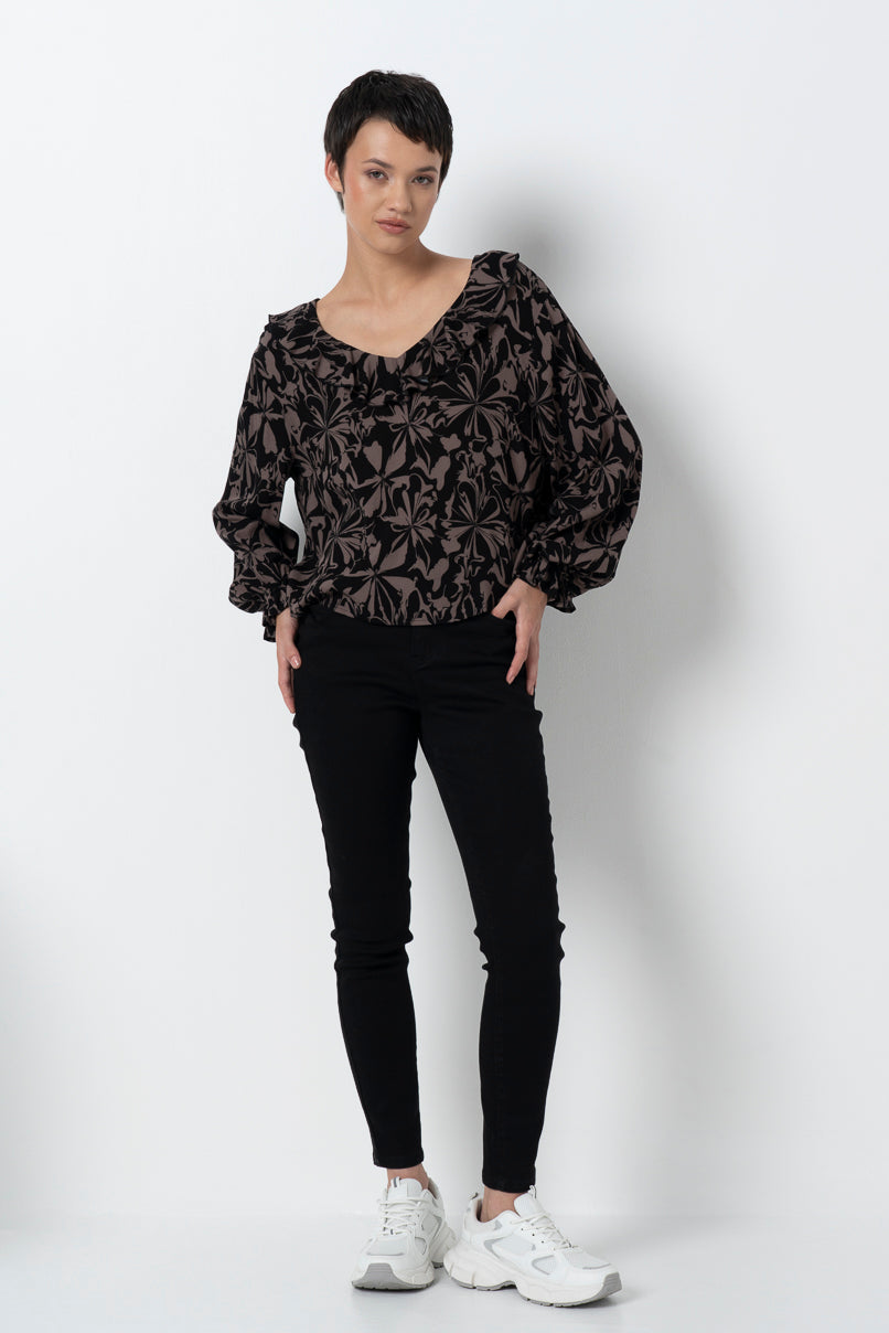 Floral Frill Blouse _ 157803 _ Black