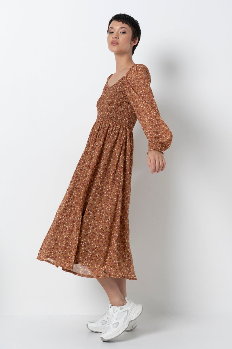 Shirred Bodice Dress _ 157883 _ Tan