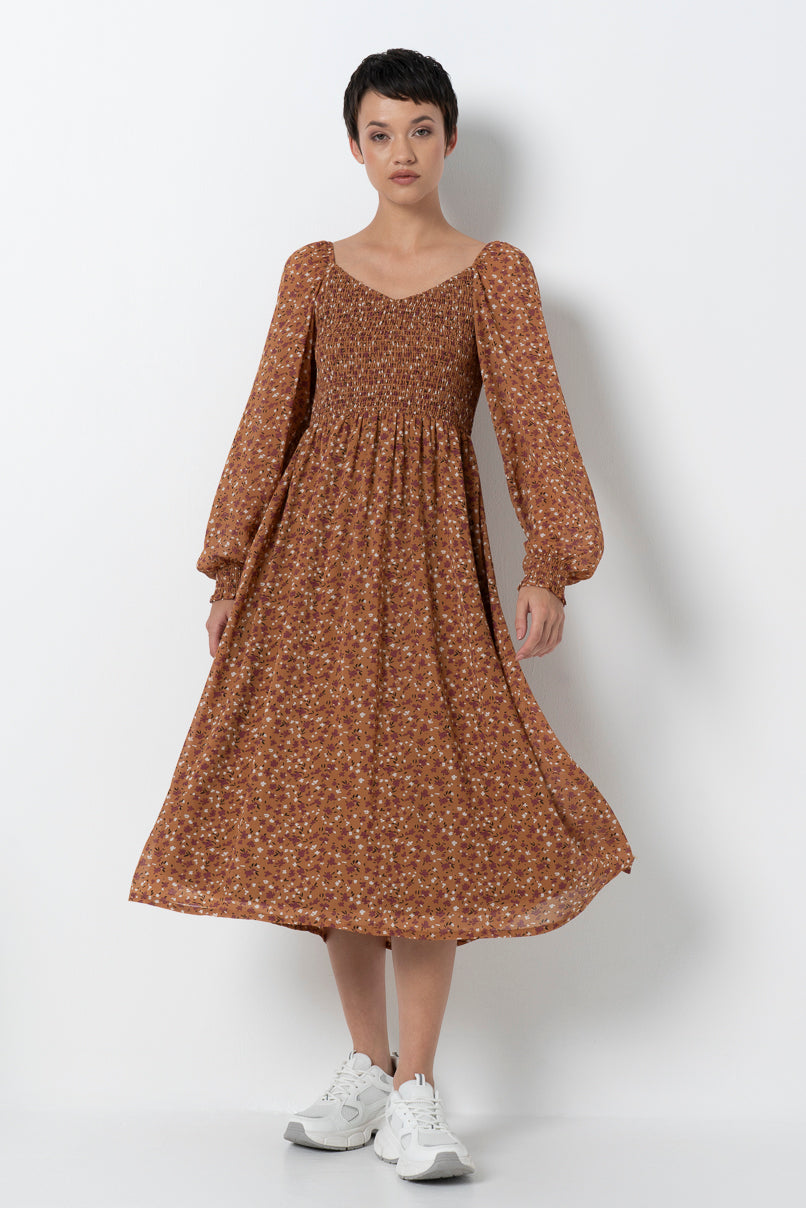 Shirred Bodice Dress _ 157883 _ Tan