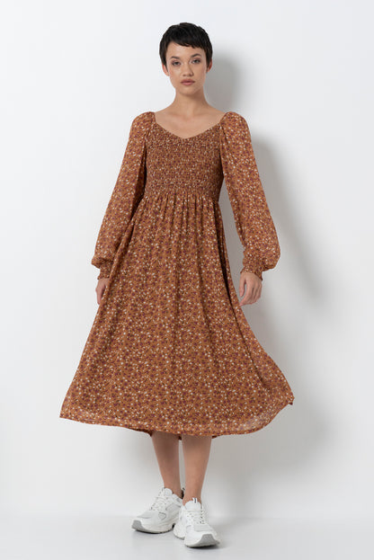 Shirred Bodice Dress _ 157883 _ Tan