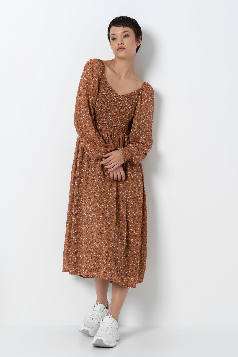 Shirred Bodice Dress _ 157883 _ Tan
