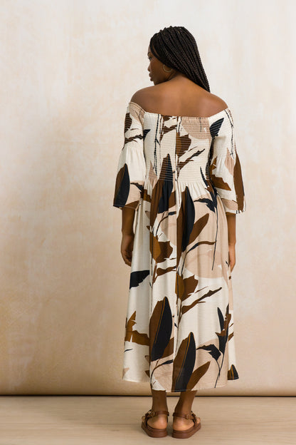 Off-The-Shoulder Shirred Midi Dress
