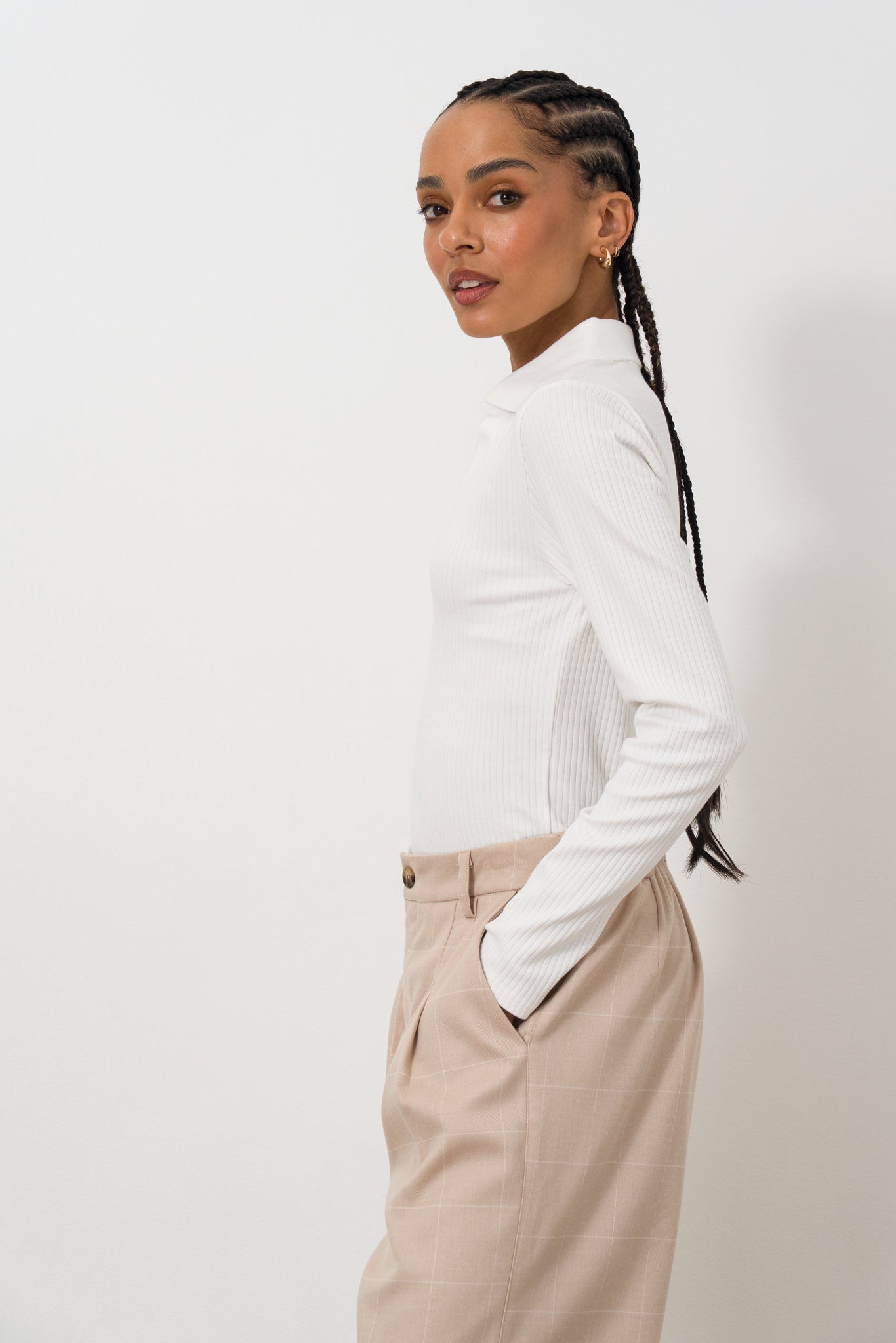 Long Sleeve Rib Split Collar Top