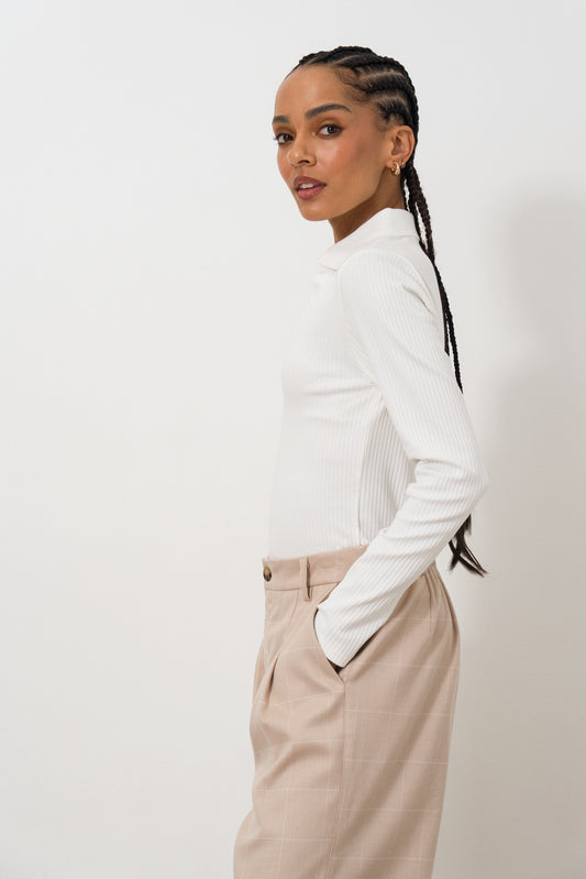 Long Sleeve Rib Split Collar Top