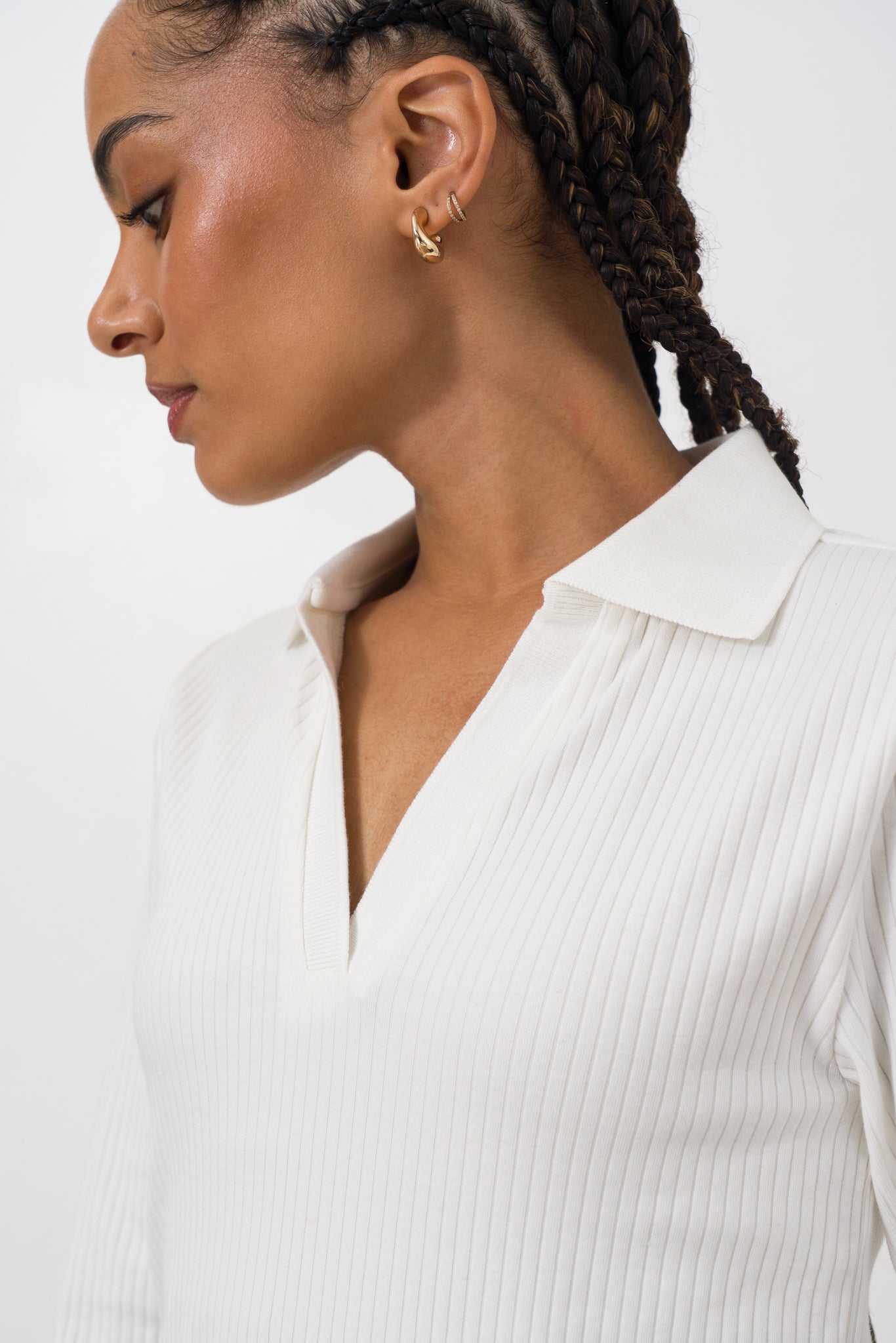 Long Sleeve Rib Split Collar Top