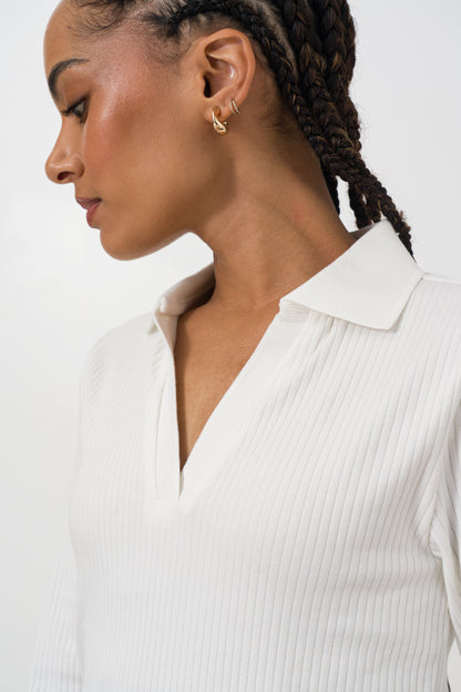 Long Sleeve Rib Split Collar Top