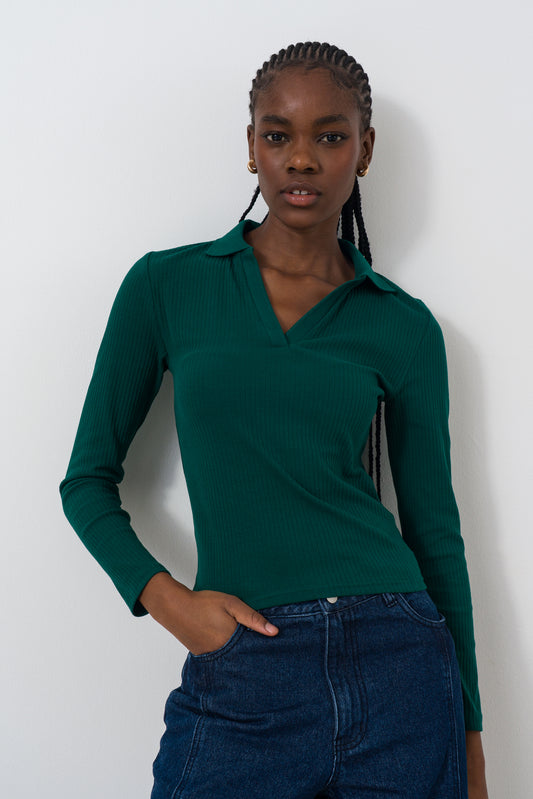 Rib Split-Collar Top